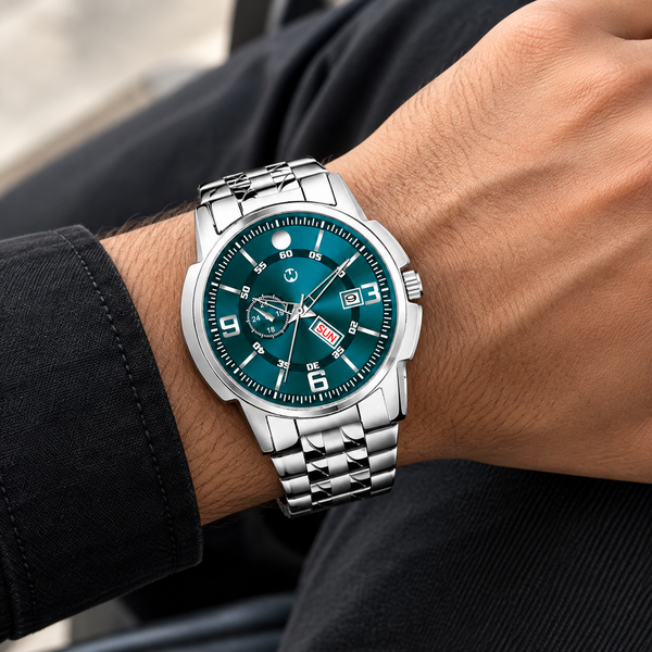 A silver stainless steel wristwatch with a green dial and date window, worn on a person's wrist.