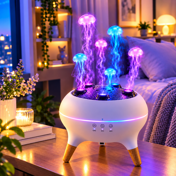 A white tabletop diffuser or humidifier with three wooden legs, shown in a cozy bedroom setting. The device glows with a purple LED ring and projects multiple colorful jellyfish-like light effects in blue, purple, and pink from the top.