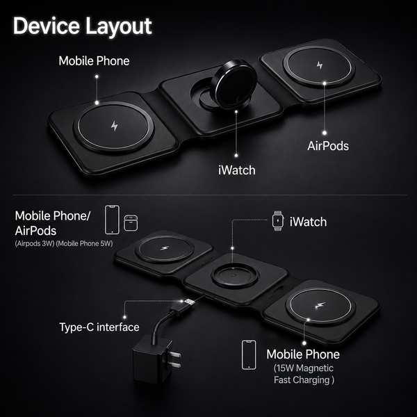 Device compatibility chart showing phones, Apple Watch, earbuds and other Qi-enabled devices supported by the wireless charger