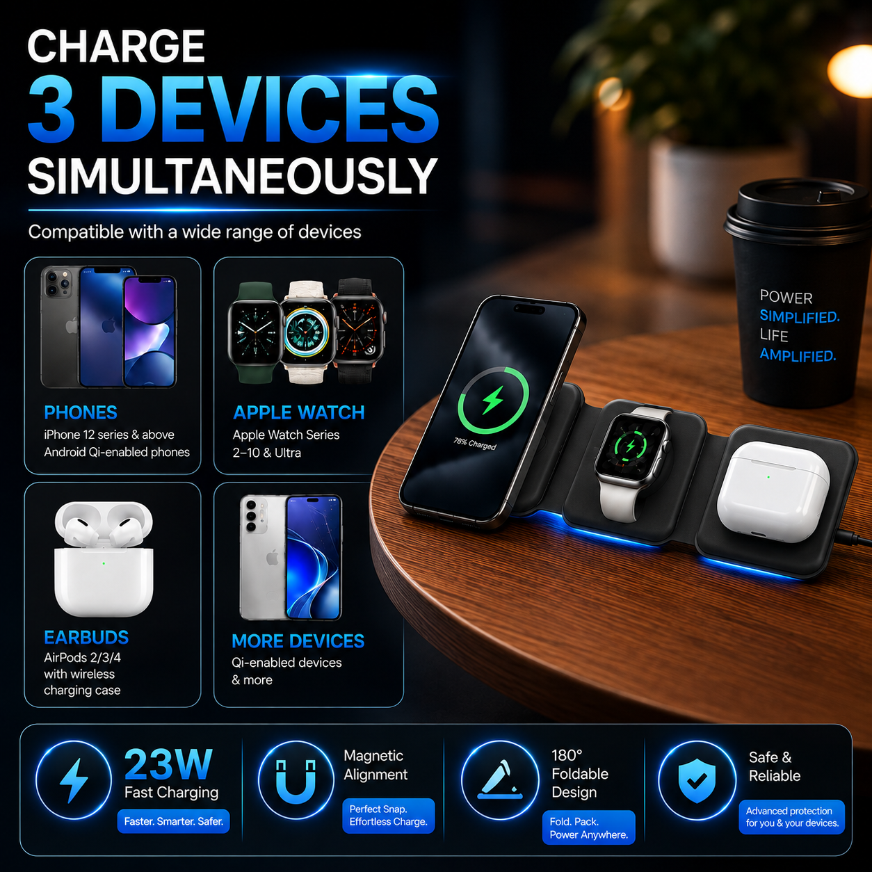 3-in-1 Magnetic Foldable Wireless Charger