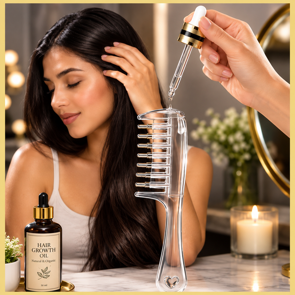A woman with long dark hair sits at a vanity while a hand holds a clear dropper above a transparent comb-shaped bottle. A brown bottle labeled hair growth oil is visible on the counter, with warm indoor lighting and decorative candles in the background.