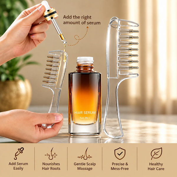 Hair care set featuring a clear serum bottle with amber liquid, a clear serum dropper, and two clear scalp massage brushes, shown with hands demonstrating use. Text and icons explain benefits like nourishing hair roots, gentle scalp massage, precise application, and healthy hair care.